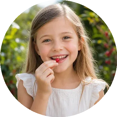 ミラクルフルーツを笑顔で食べる白人の女の子